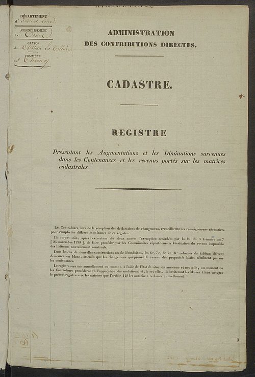 Registre présentant les augmentations et les diminutions survenues dans les contenances et les revenus portés sur les matrices cadastrales, 1827-1914 ; récapitulation des contenances et des revenus imposables, 1822 ; matrice des propriétés foncières, fol.
