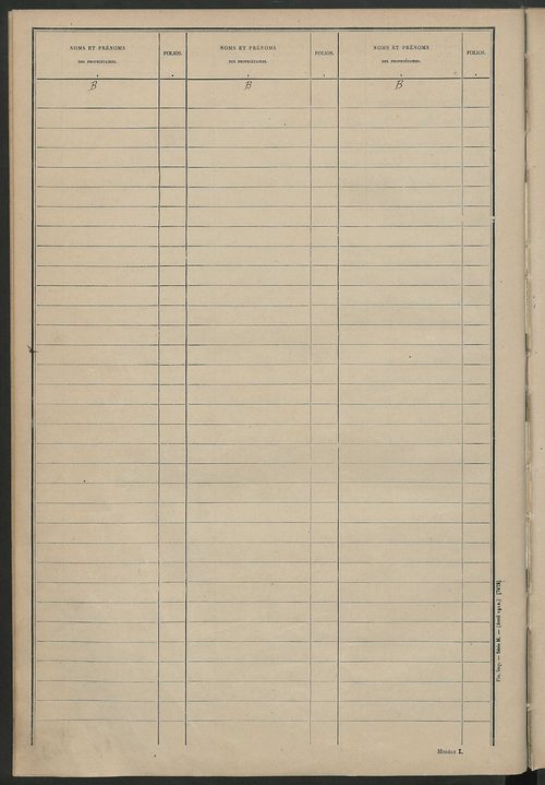 Tableau présentant les augmentations et les diminutions survenues dans la matière imposable ; récapitulation ; table alphabétique des propriétaires ; matrice des propriétés non bâties, fol. 1 à 492.