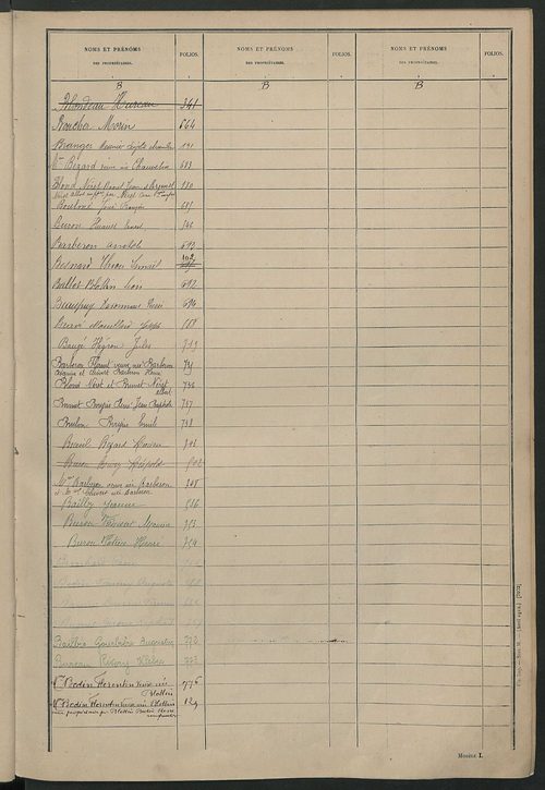 Tableau présentant les augmentations et les diminutions survenues dans la matière imposable ; récapitulation ; table alphabétique des propriétaires ; matrice des propriétés non bâties, fol. 1 à 492.