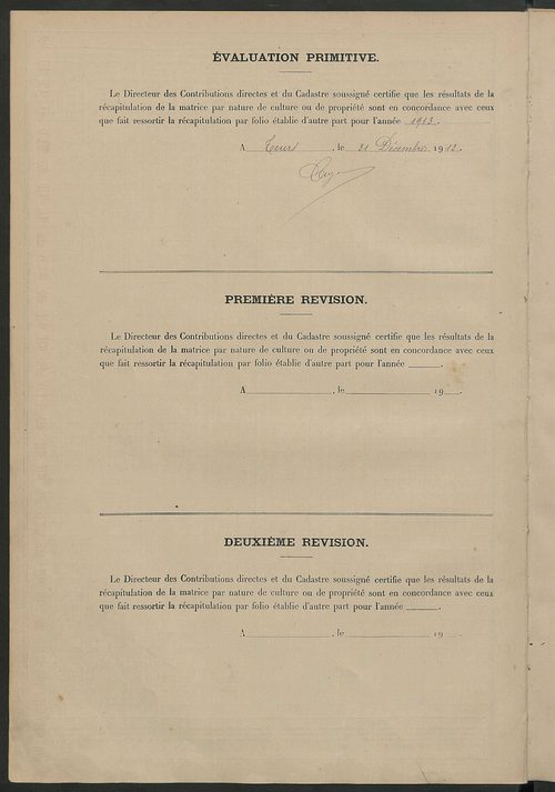 Tableau présentant les augmentations et les diminutions survenues dans la matière imposable ; récapitulation ; table alphabétique des propriétaires ; matrice des propriétés non bâties, fol. 1 à 492.