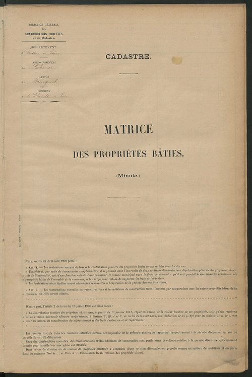 Tableau présentant la valeur locative réelle, le revenu net imposable et le nombre de propriétés bâties ; récapitulation ; table alphabétique des propriétaires ; matrice des propriétés bâties, cases 1 à 520.