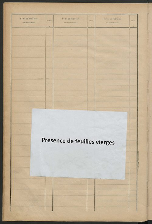 Tableau présentant la valeur locative réelle, le revenu net imposable et le nombre de propriétés bâties ; récapitulation ; table alphabétique des propriétaires ; matrice des propriétés bâties, cases 1 à 520.