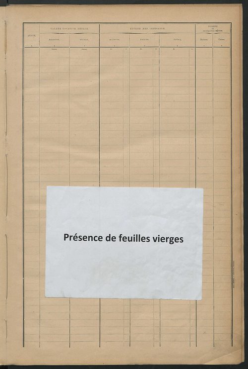 Tableau présentant la valeur locative réelle, le revenu net imposable et le nombre de propriétés bâties ; récapitulation ; table alphabétique des propriétaires ; matrice des propriétés bâties, cases 1 à 520.