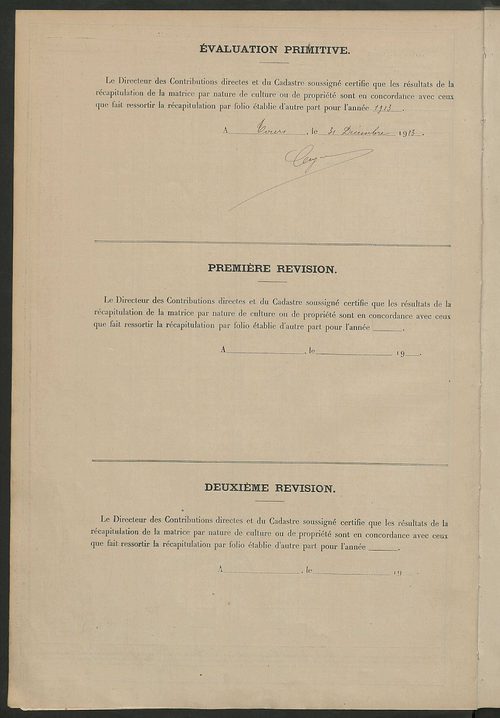 Matrice des propriétés non bâties ; tableau présentant les augmentations et les diminutions survenues dans la matière imposable ; récapitulation ; table alphabétique des propriétaires.
