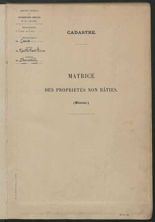 Matrice des propriétés non bâties ; tableau présentant les augmentations et les diminutions survenues dans la matière imposable ; récapitulation ; table alphabétique des propriétaires.