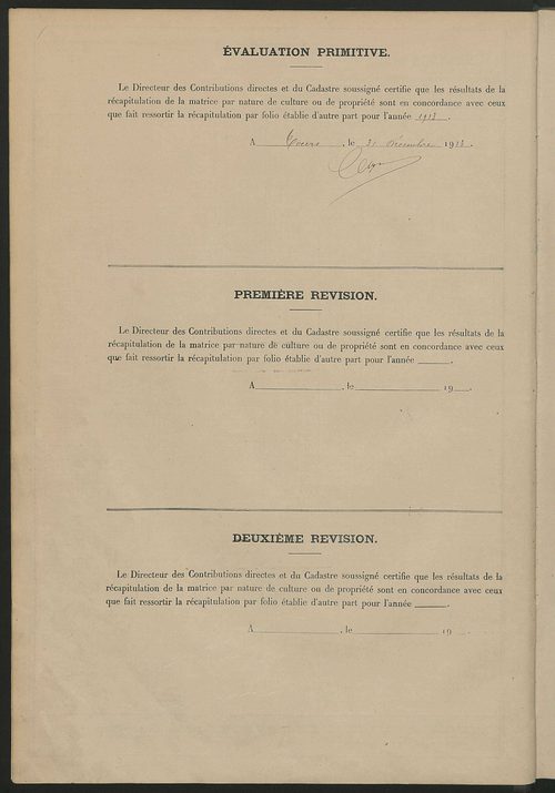 Tableau présentant les augmentations et les diminutions survenues dans la matière imposable ; récapitulation ; table alphabétique des propriétaires ; matrice des propriétés non bâties, fol. 1 à 492.