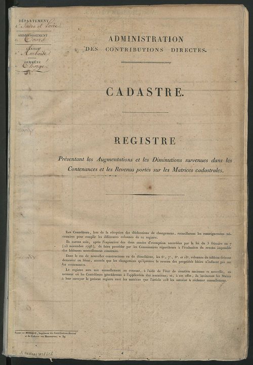 Registre présentant les augmentations et les diminutions survenues dans les contenances et les revenus portés sur les matrices cadastrales, 1825-1914 ; récapitulation des contenances et des revenus imposables, 1822 ; matrice des propriétés foncières, fol.