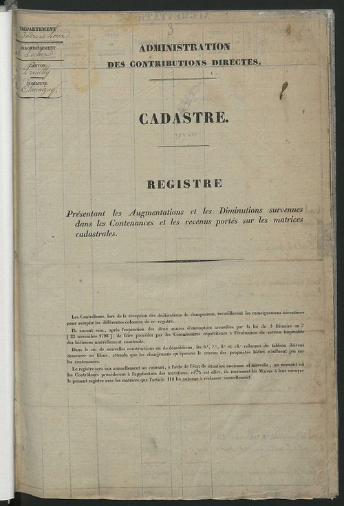 Registre présentant les augmentations et les diminutions survenues dans les contenances et les revenus portés sur les matrices cadastrales, 1825-1914 ; récapitulation des contenances et des revenus imposables, 1823 ; matrice des propriétés foncières, fol.
