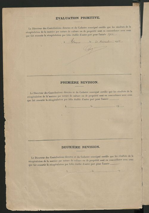 Tableau présentant les augmentations et les diminutions survenues dans la matière imposable ; récapitulation ; table alphabétique des propriétaires ; matrice des propriétés non bâties, fol. 1 à 488.