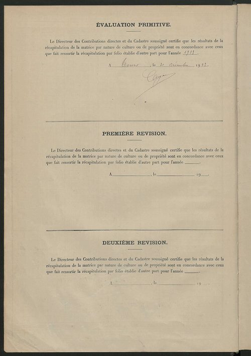 Tableau présentant les augmentations et les diminutions survenues dans la matière imposable ; récapitulation ; table alphabétique des propriétaires ; matrice des propriétés non bâties, fol. 1 à 492.