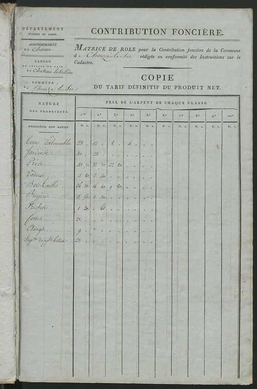 Commune de Chouzé-le-Sec, matrice de rôle pour la contribution foncière.