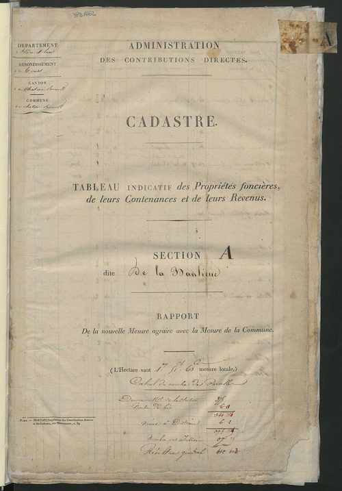 Etats de sections; relevé des numéros de propriétés non bâties de même nature ; relevé des propriétés bâties ; récapitulation de la contenance et du revenu imposables des propriétés (section C).