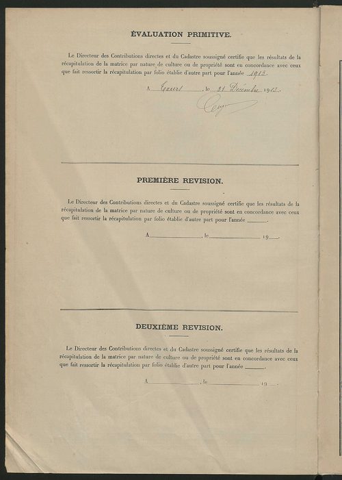 Tableau présentant les augmentations et les diminutions survenues dans la matière imposable ; récapitulation ; table alphabétique des propriétaires ; matrice des propriétés non bâties, fol. 1 à 492.