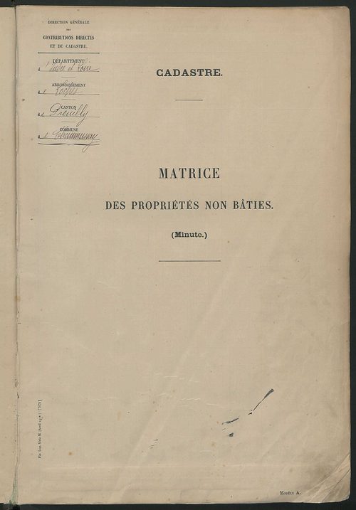 Tableau présentant les augmentations et les diminutions survenues dans la matière imposable ; récapitulation ; table alphabétique des propriétaires ; matrice des propriétés non bâties, fol. 1 à 492.