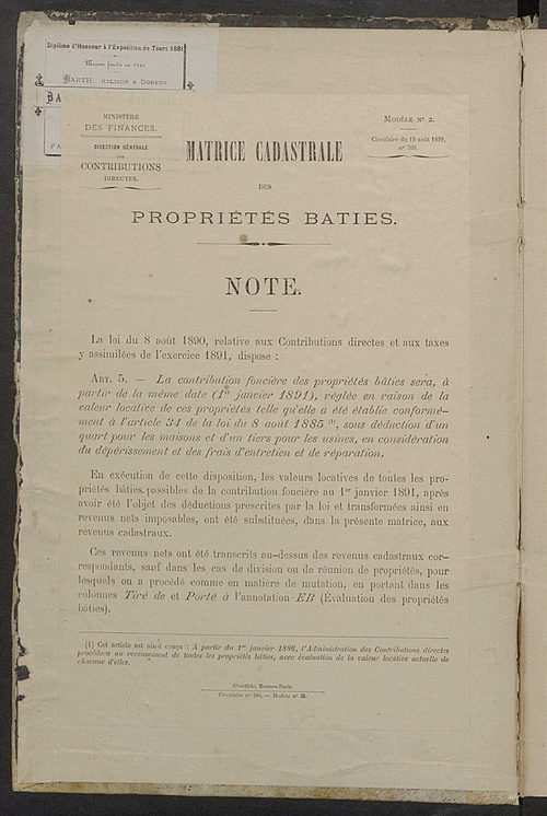Matrice des propriétés bâties ; augmentations et diminutions, 1883-1891 ; séparation des revenus cadastraux afférents, pour l'année 1882, aux propriétés bâties et non bâties (état-balance) ; table alphabétique des propriétaires.