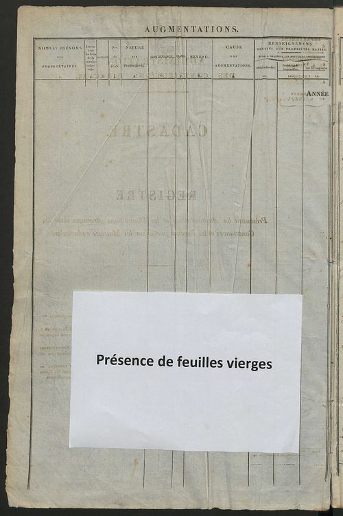 Registre présentant les augmentations et les diminutions survenues dans les contenances et les revenus portés sur les matrices cadastrales, 1838-1914 ; récapitulation des contenances et des revenus imposables, 1838 ; matrice des propriétés foncières, fol.