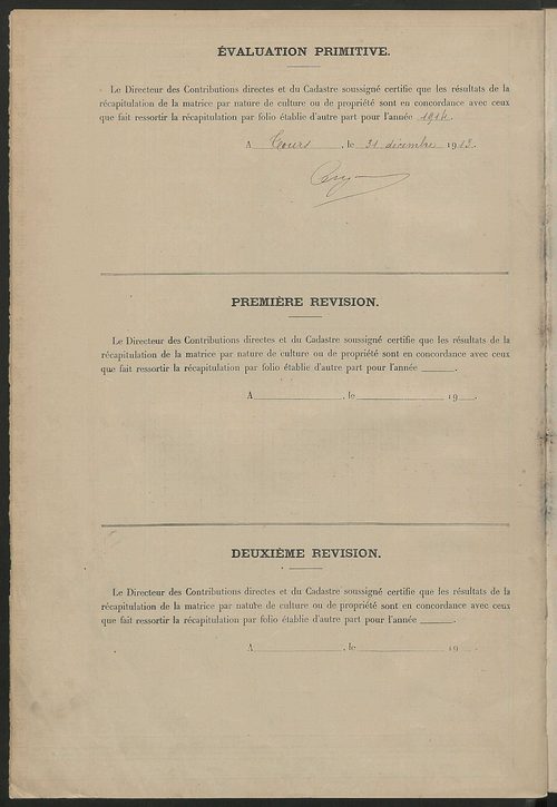 Tableau présentant les augmentations et les diminutions survenues dans la matière imposable ; récapitulation ; table alphabétique des propriétaires ; matrice des propriétés non bâties, fol. 1 à 500.