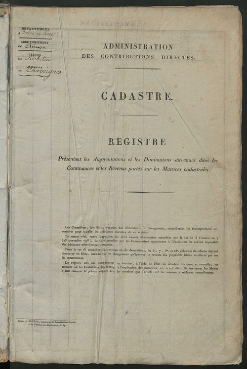 Registre présentant les augmentations et les diminutions survenues dans les contenances et les revenus portés sur les matrices cadastrales, 1838-1914 ; récapitulation des contenances et des revenus imposables, 1838 ; matrice des propriétés foncières, fol.