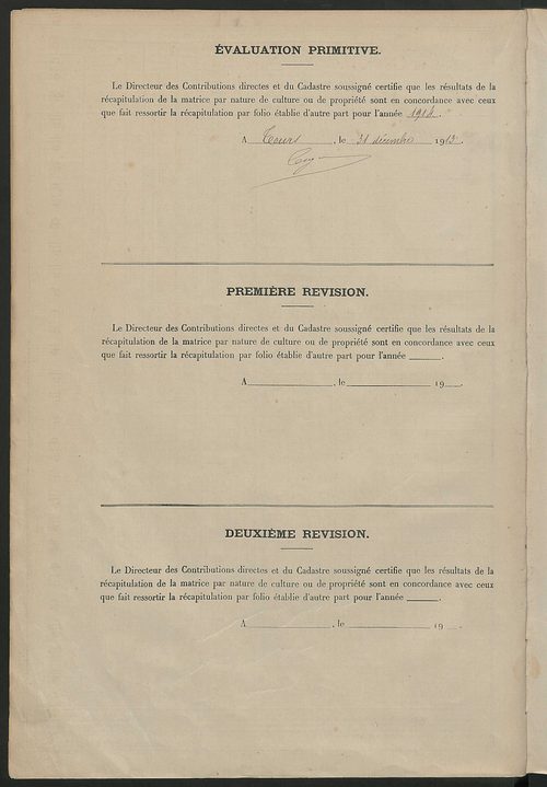 Tableau présentant les augmentations et les diminutions survenues dans la matière imposable ; récapitulation ; table alphabétique des propriétaires ; matrice des propriétés non bâties, fol. 1 à 488.
