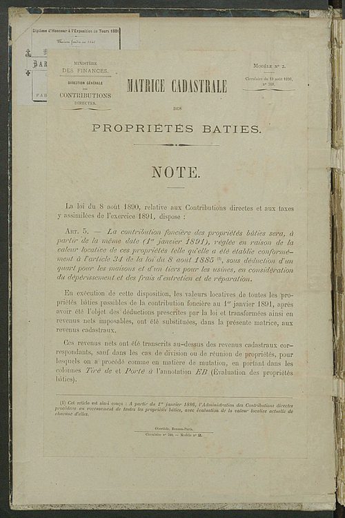 Matrice des propriétés bâties ; augmentations et diminutions, 1883-1891 ; séparation des revenus cadastraux afférents, pour l'année 1882, aux propriétés bâties et non bâties (état-balance) ; table alphabétique des propriétaires.