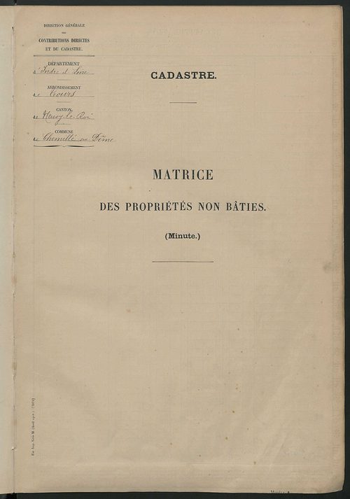 Tableau présentant les augmentations et les diminutions survenues dans la matière imposable ; récapitulation ; table alphabétique des propriétaires ; matrice des propriétés non bâties, fol. 1 à 492.