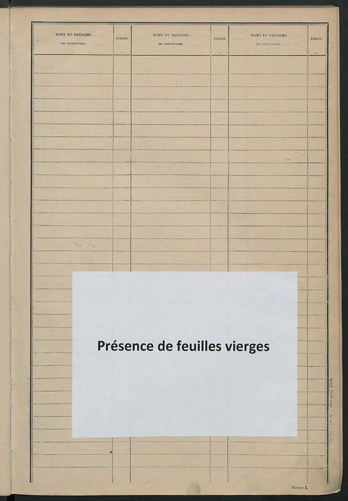 Tableau présentant les augmentations et les diminutions survenues dans la matière imposable ; récapitulation ; table alphabétique des propriétaires ; matrice des propriétés non bâties, fol. 1 à 492.