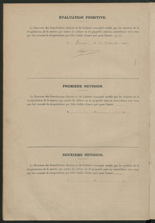 Tableau présentant les augmentations et les diminutions survenues dans la matière imposable ; récapitulation ; table alphabétique des propriétaires ; matrice des propriétés non bâties, fol. 1 à 492.
