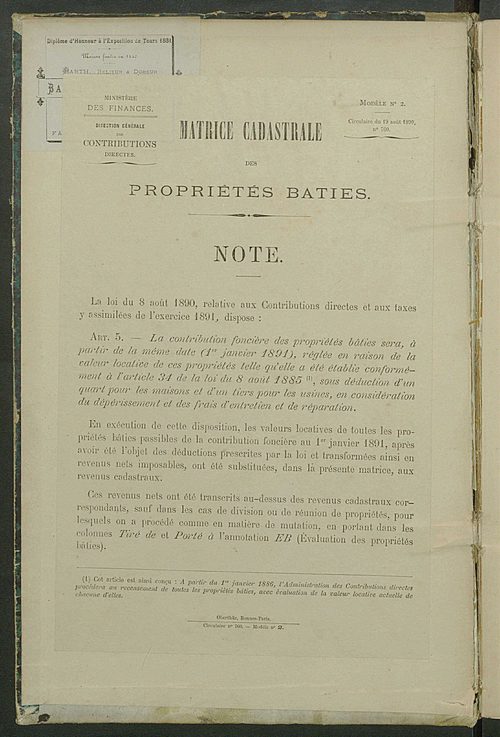 Matrice des propriétés bâties ; augmentations et diminutions, 1883-1891 ; séparation des revenus cadastraux afférents, pour l'année 1882, aux propriétés bâties et non bâties (état-balance) ; table alphabétique des propriétaires.