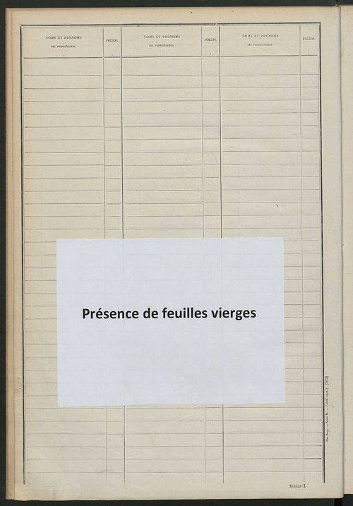 Tableau présentant les augmentations et les diminutions survenues dans la matière imposable ; récapitulation ; table alphabétique des propriétaires ; matrice des propriétés non bâties, fol. 1 à 492.