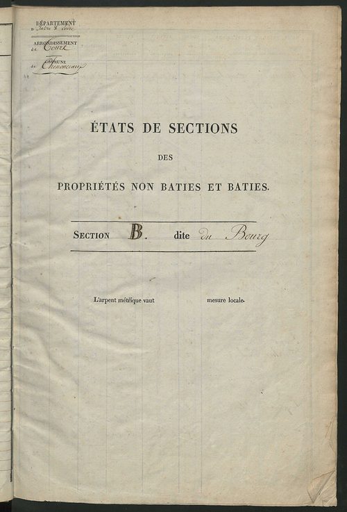 Etats de sections des propriétés non bâties et bâties ; relevé des numéros de propriétés non bâties de même nature ; relevé des propriétés bâties ; récapitulation de la contenance et du revenu imposables des propriétés.