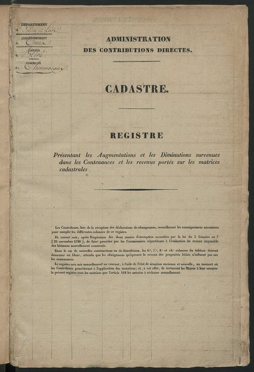 Registre présentant les augmentations et les diminutions survenues dans les contenances et les revenus portés sur les matrices cadastrales, 1828-1914 ; récapitulation des contenances et des revenus imposables, 1826 ; matrice des propriétés foncières, fol.