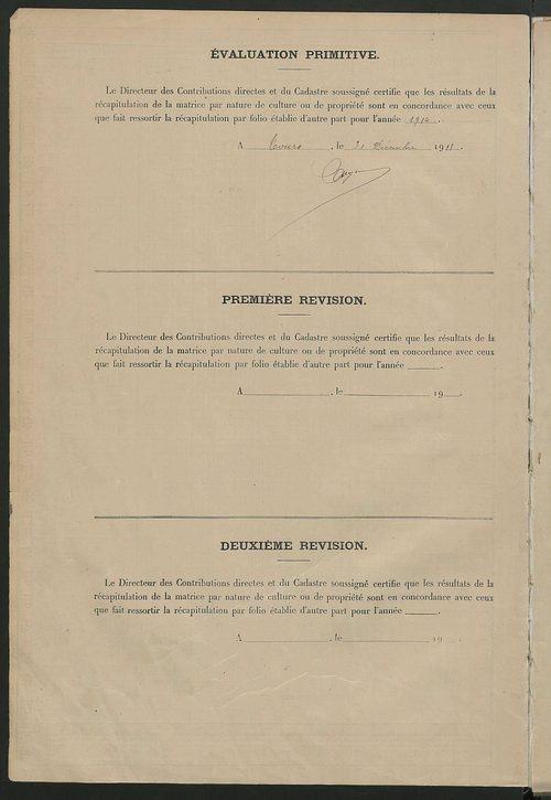 Tableau présentant les augmentations et les diminutions survenues dans la matière imposable ; récapitulation ; table alphabétique des propriétaires ; matrice des propriétés non bâties, fol. 1 à 500.