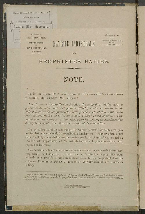 Matrice des propriétés bâties ; augmentations et diminutions, 1883-1891 ; séparation des revenus cadastraux afférents, pour l'année 1882, aux propriétés bâties et non bâties (état-balance) ; table alphabétique des propriétaires.