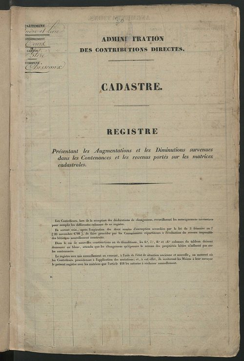 Registre présentant les augmentations et les diminutions survenues dans les contenances et les revenus portés sur les matrices cadastrales, 1828-1914 ; récapitulation des contenances et des revenus imposables, 1826 ; matrice des propriétés foncières, fol.
