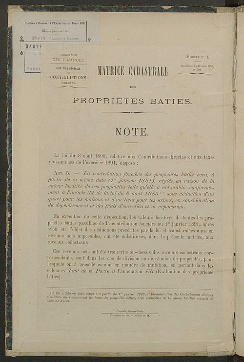 Matrice des propriétés bâties ; augmentations et diminutions, 1883-1891 ; séparation des revenus cadastraux afférents, pour l'année 1882, aux propriétés bâties et non bâties, (état-balance) ; table alphabétique des propriétaires.