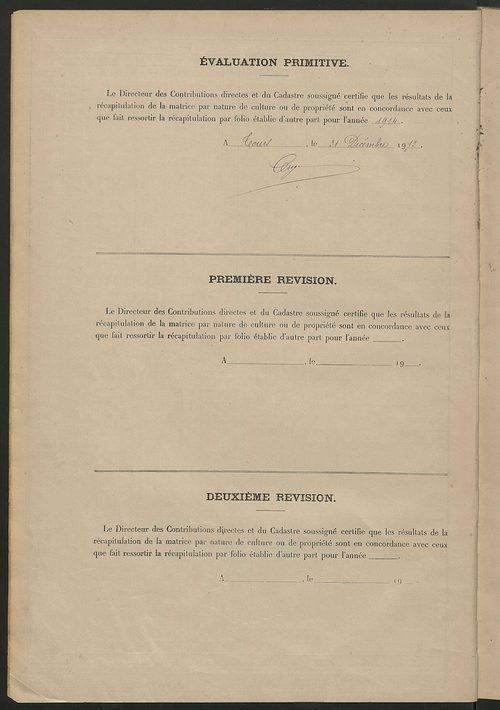 Matrice des propriétés non bâties : tableau présentant les augmentations et les diminutions survenues dans la matière imposable ; récapitulation ; table alphabétique des propriétaires.