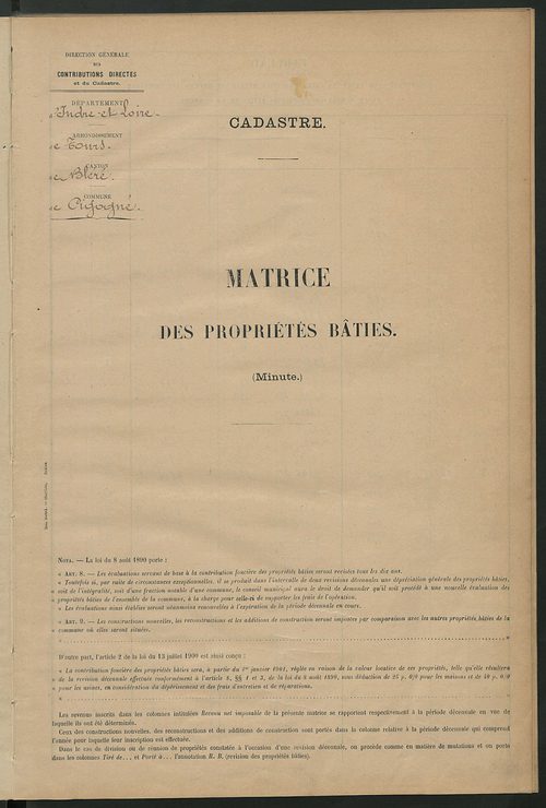 Matrice des propriétés bâties ; récapitulation ; table alphabétique des propriétaires.