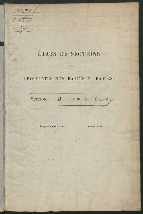 Etats de sections des propriétés non bâties ; relevé des numéros de propriétés non bâties de même nature ; relevé des propriétés bâties ; récapitulation de la contenance et du revenu imposables des propriétés.