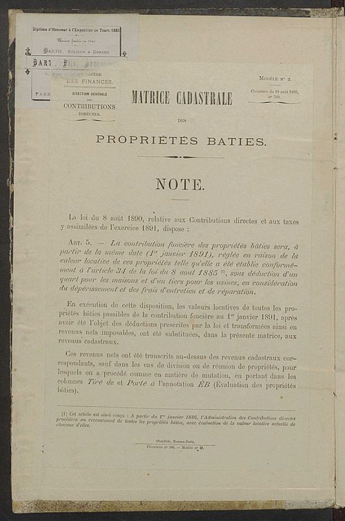 Matrice des propriétés bâties ; augmentations et diminutions, 1883-1891 ; séparation des revenus cadastraux afférents, pour l'année 1882, aux propriétés bâties et non bâties (état-balance) ; table alphabétique des propriétaires.