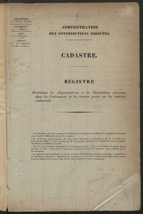 Registre présentant les augmentations et les diminutions survenues dans les contenances et les revenus portés sur les matrices cadastrales, 1840-1914 ; récapitulation des contenances et des revenus imposables, 1838 ; matrice des propriétés foncières, fol.