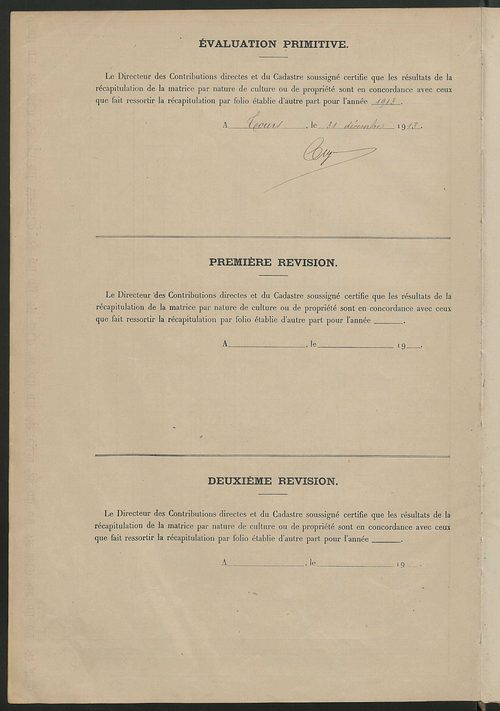 Tableau présentant les augmentations et les diminutions survenues dans la matière imposable ; récapitulation ; table alphabétique des propriétaires ; matrice des propriétés non bâties, fol. 1 à 500.