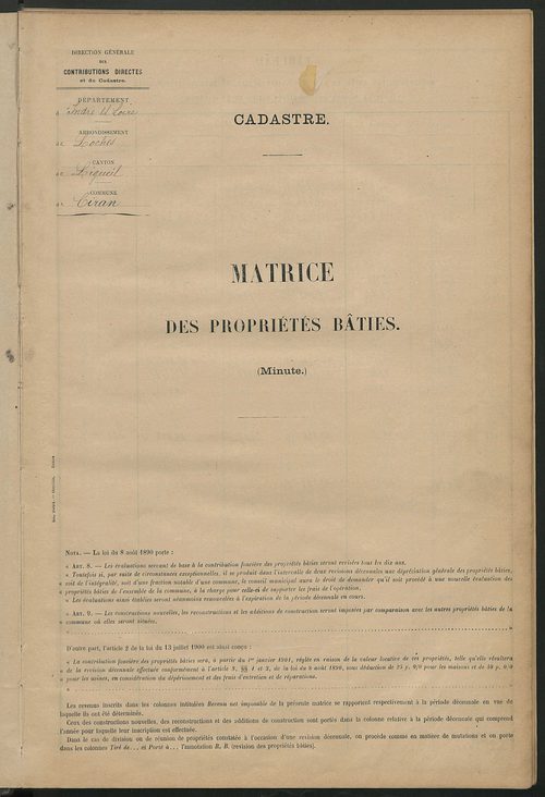 Matrice des propriétés bâties ; récapitulation ; table alphabétique des propriétaires.