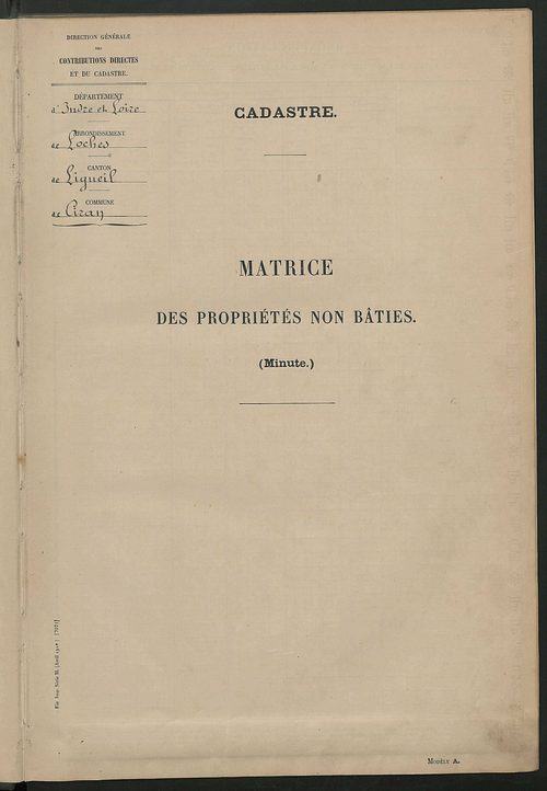 Tableau présentant les augmentations et les diminutions survenues dans la matière imposable ; récapitulation ; table alphabétique des propriétaires; matrice des propriétés non bâties, fol. 1 à 400.