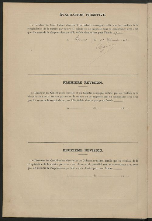 Tableau présentant les augmentations et les diminutions survenues dans la matière imposable ; récapitulation ; table alphabétique des propriétaires; matrice des propriétés non bâties, fol. 1 à 400.