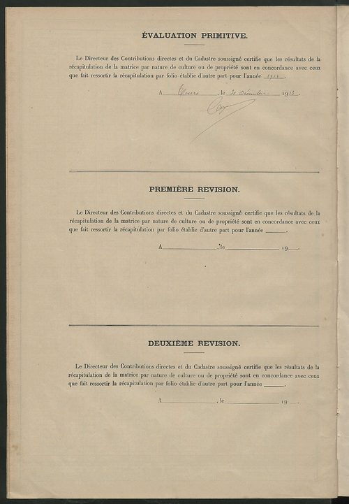 Matrice des propriétés non bâties : tableau présentant les augmentations et les diminutions survenues dans la matière imposable ; récapitulation ; table alphabétique des propriétaires.
