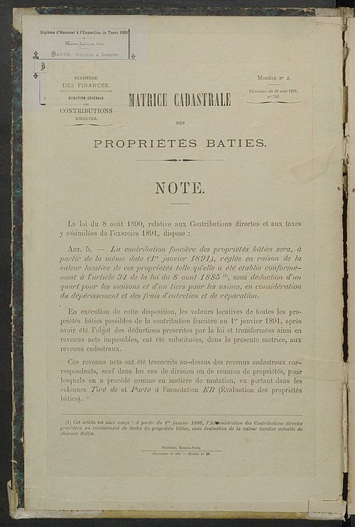 Matrice des propriétés bâties ; augmentations et diminutions, 1883-1891 ; séparation des revenus cadastraux afférents, pour l'année 1882, aux propriétés bâties et non bâties (état-balance) ; table alphabétique des propriétaires.