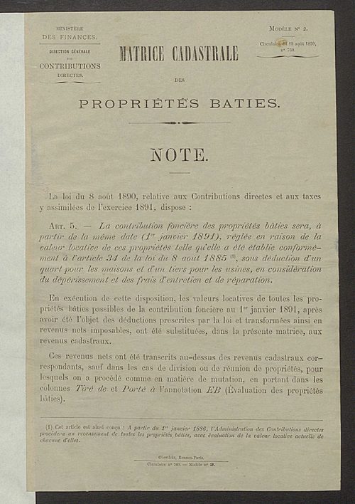 Matrice des propriétés bâties ; augmentations et diminutions, 1883-1891 ; séparation des revenus cadastraux afférents, pour l'année 1882, aux propriétés bâties et non bâties (état-balance) ; table alphabétique des propriétaires.
