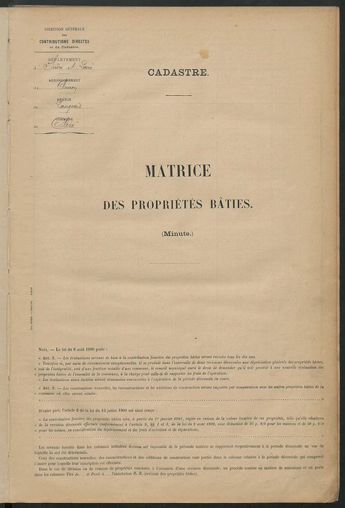 Matrice des propriétés bâties ; récapitulation ; table alphabétique des propriétaires.