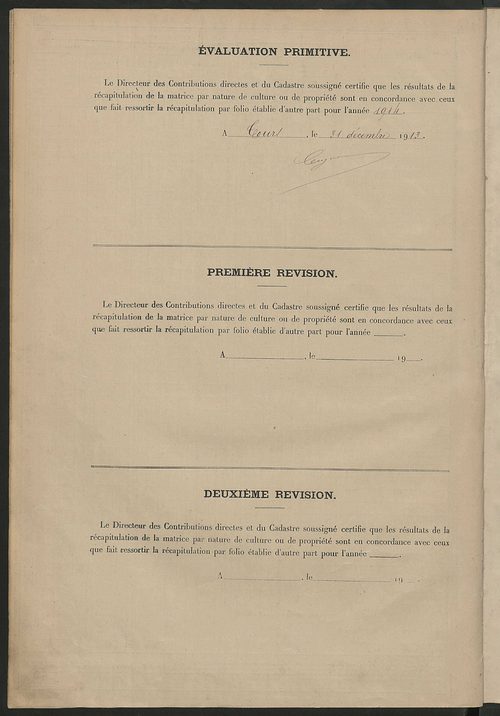 Tableau présentant les augmentations et les diminutions survenues dans la matière imposable ; récapitulation ; table alphabétique des propriétaires ; matrice des propriétés non bâties, fol. 1 à 500.
