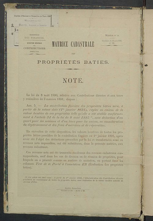 Matrice des propriétés bâties ; augmentations et diminutions, 1883-1891 ; séparation des revenus cadastraux afférents, pour l'année 1882, aux propriétés bâties et non bâties (état-balance) ; table alphabétique des propriétaires.